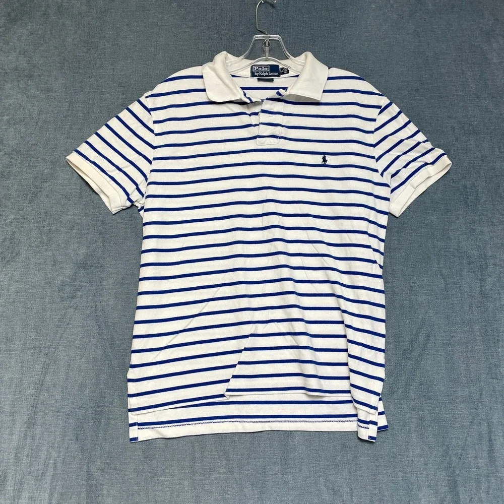Polo Ralph Lauren Polo Shirt Men L White Blue Striped Performance High Low Hem
